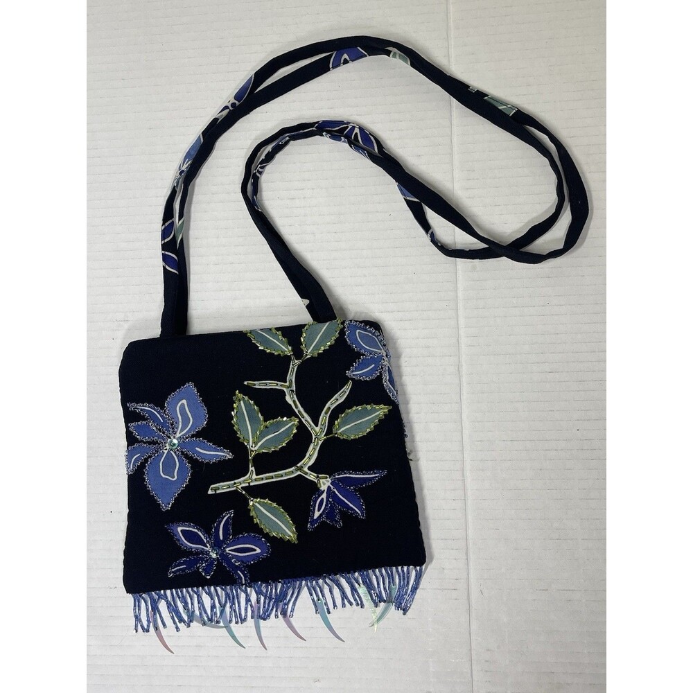Vintage NTCO Nomadic Traders Black Blue Floral Beaded Crossbody Purse Bag 1990